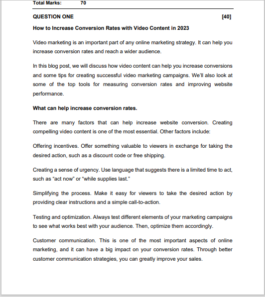 Total Marks: QUESTION ONE 70 How to Increase Conversion Rates with Video
