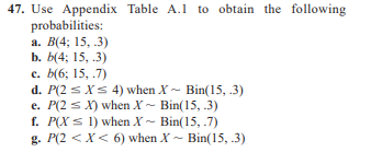 47. Use Appendix Table A.1 to obtain the following probabilities: a. B(4;