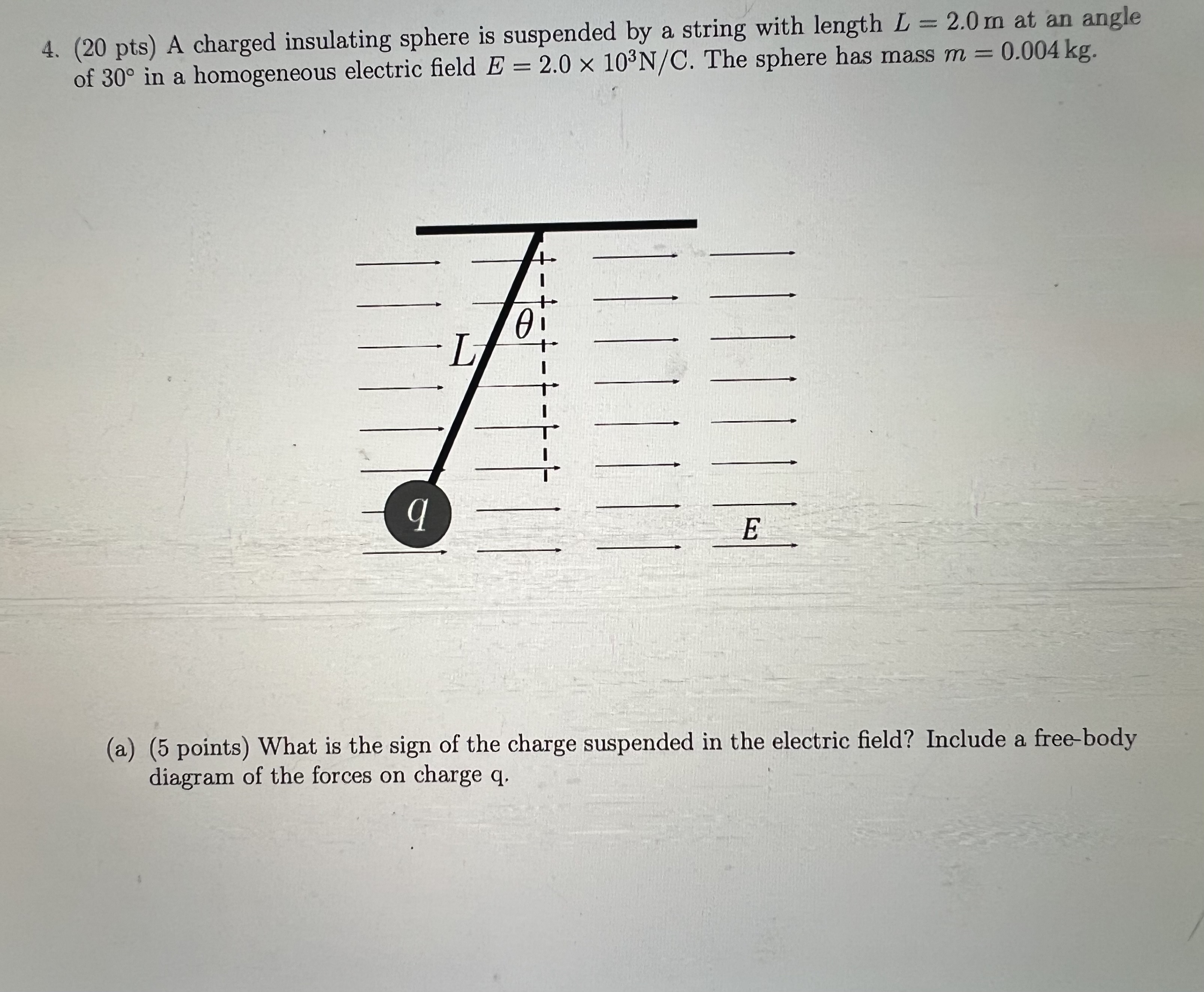 4. (20 pts) A charged insulating sphere is suspended by a string