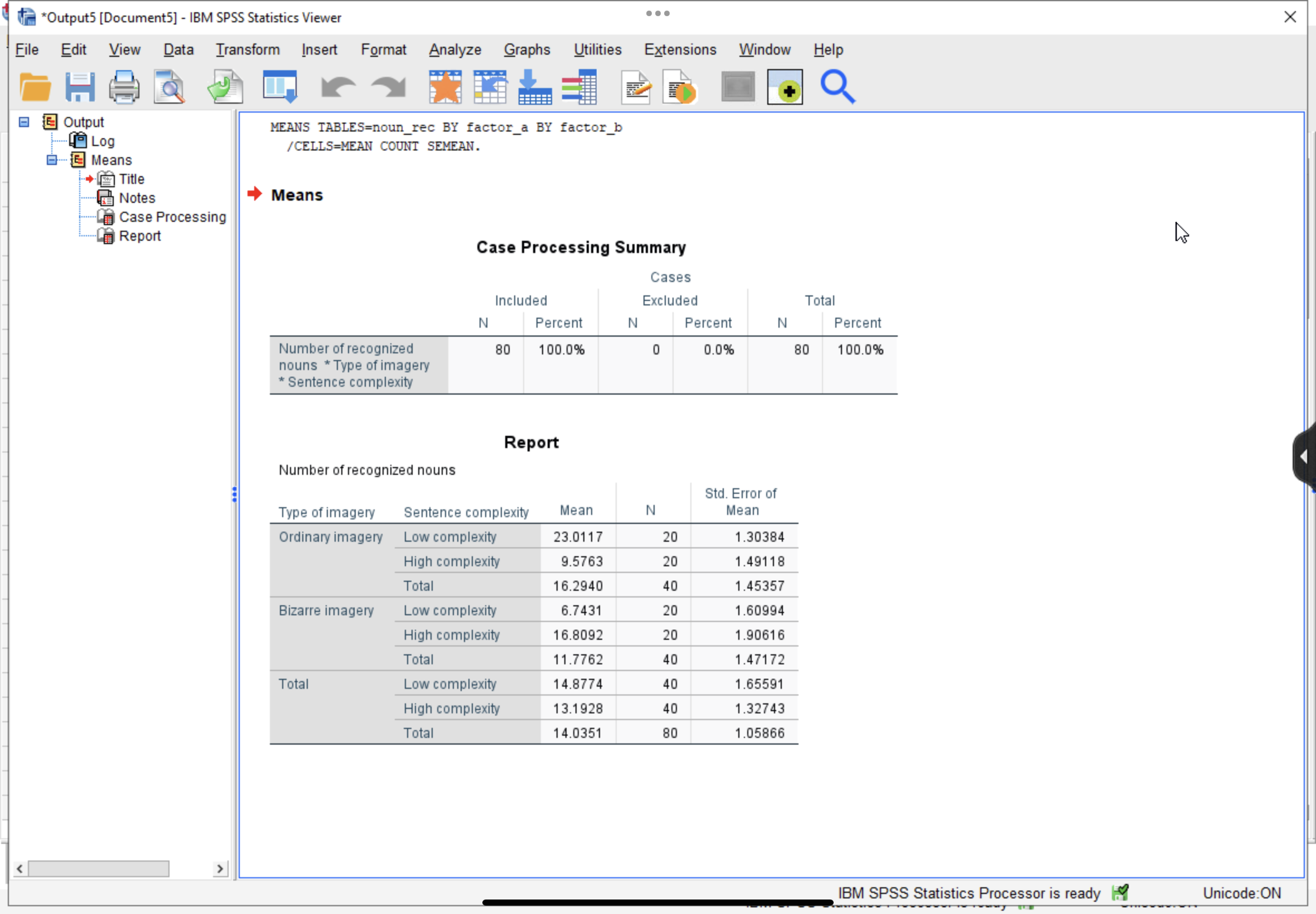 Log Means Title Notes Active Dataset Case Processing Report GET FILE='I:\SPSS Labs\lab9.sav'.