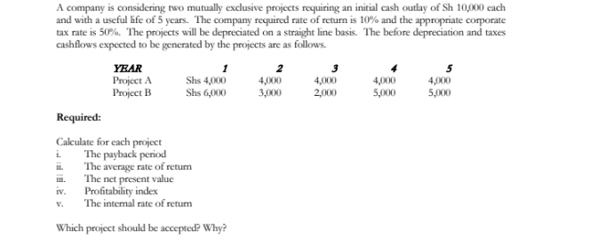 A company is considering two mutually exclusive projects requiring an initial cash