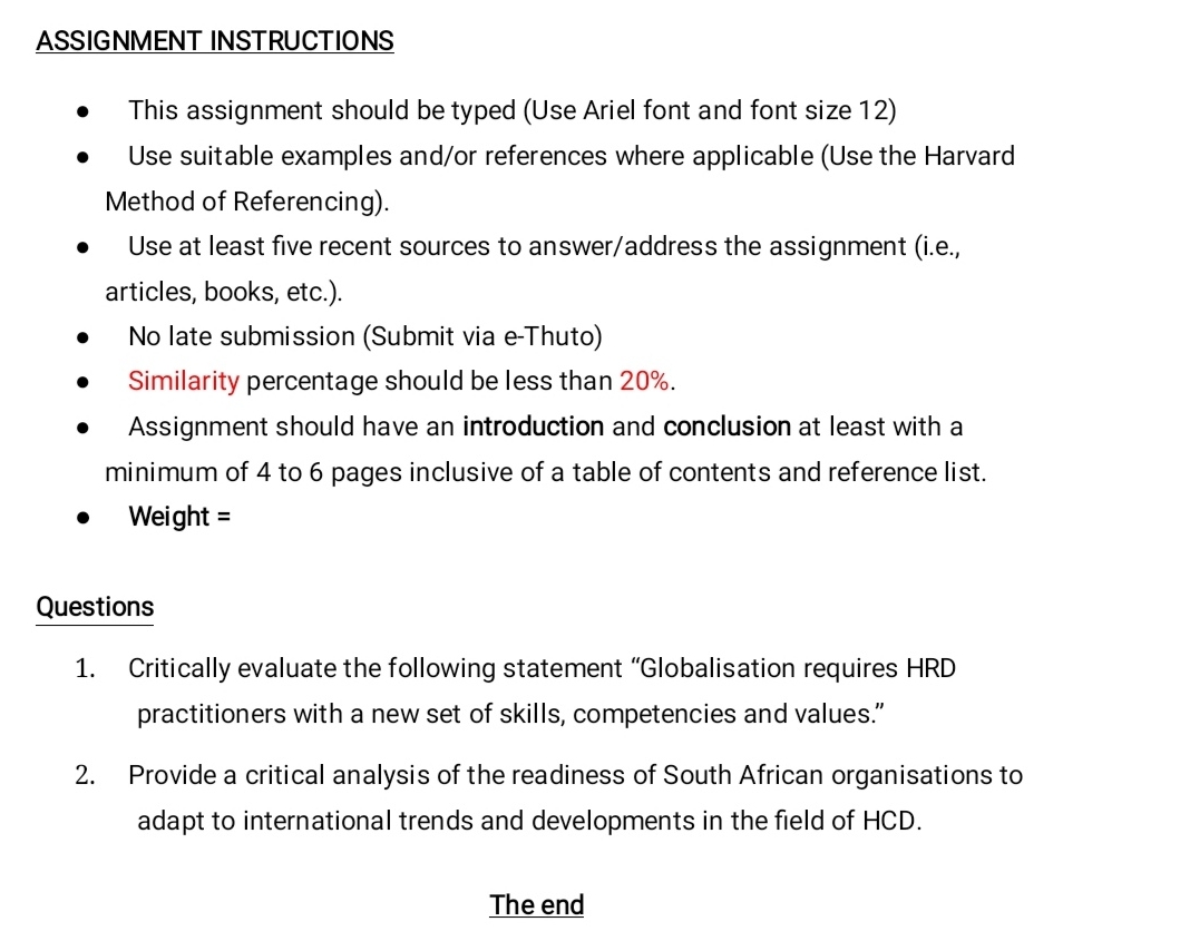 ASSIGNMENT INSTRUCTIONS This assignment should be typed (Use Ariel font and font
