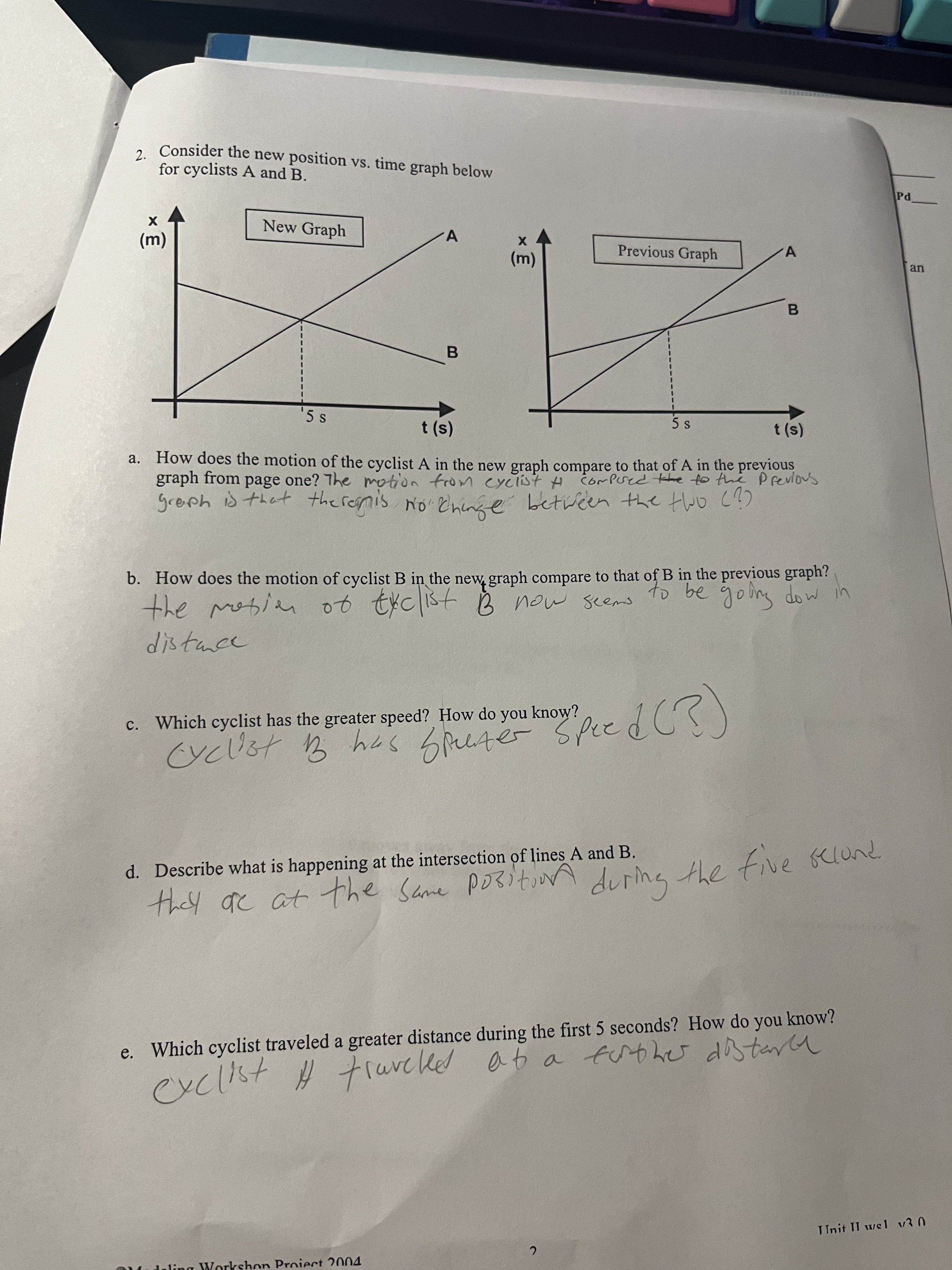 2. Consider the new position vs. time graph below for cyclists A