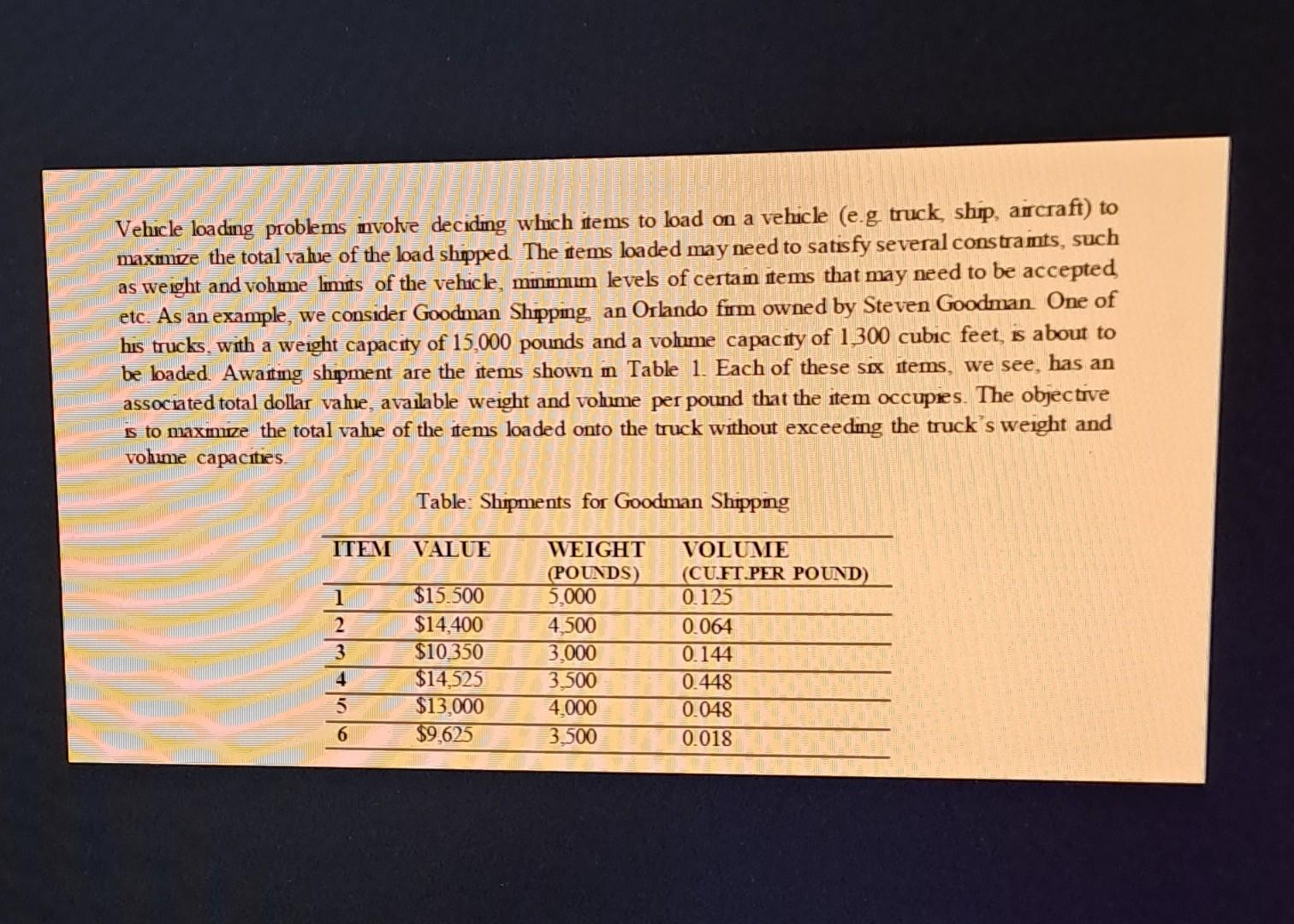 Vehicle loading problems involve deciding which items to load on a vehicle