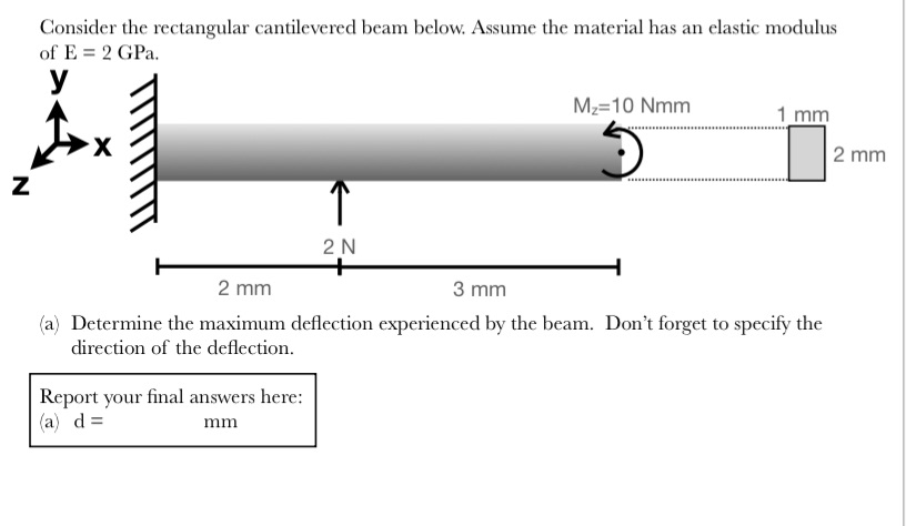 M=10 Nmm 1 mm 2 mm Consider the rectangular cantilevered beam below.