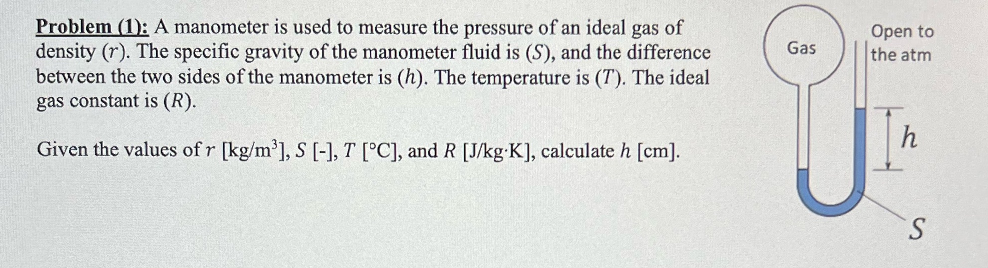 Problem (1): A manometer is used to measure the pressure of an