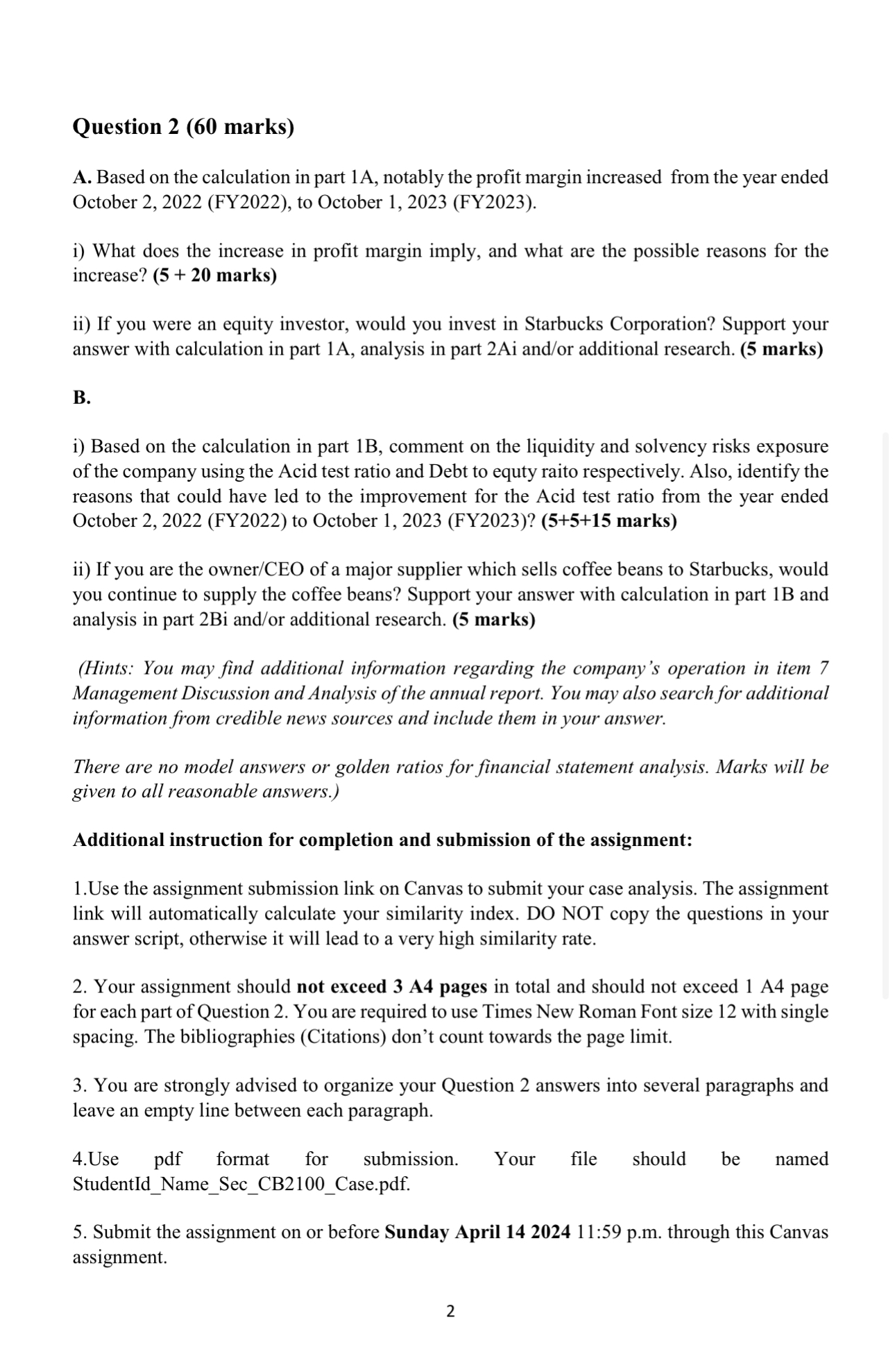 Question 2 (60 marks) A. Based on the calculation in part 1A,