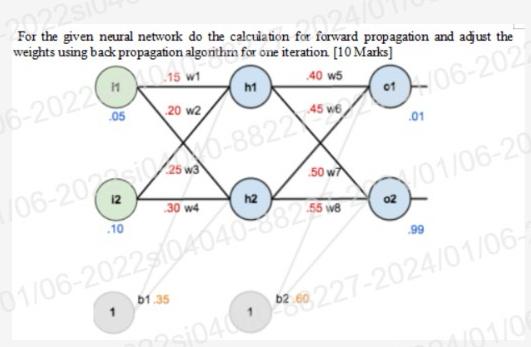 For the given neural network do the calculation for forward propagation and