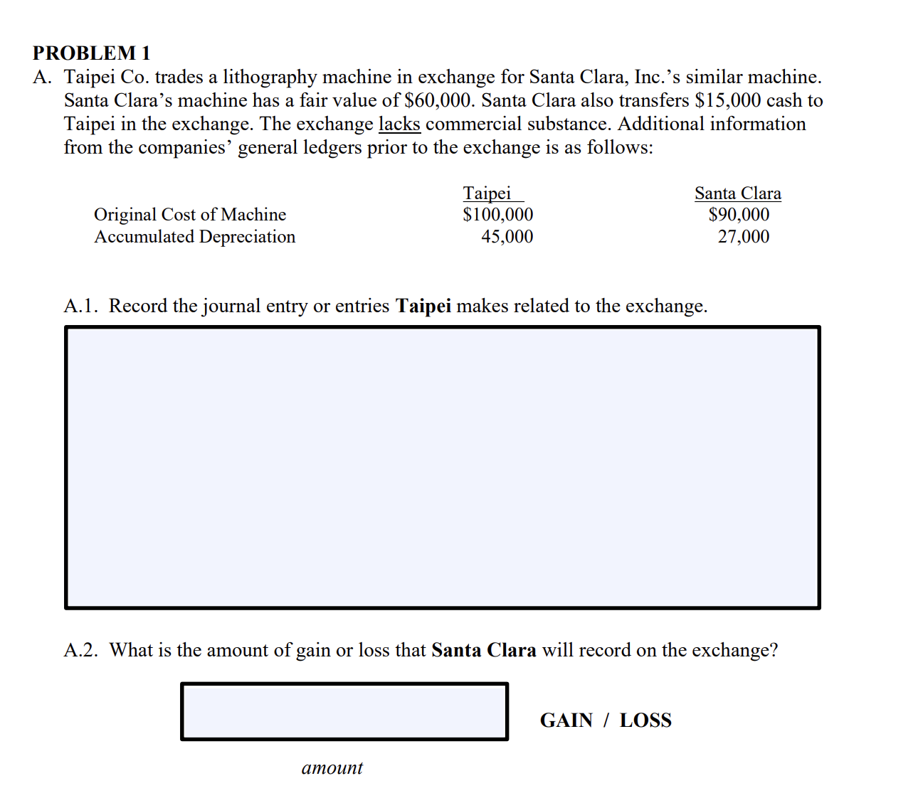 PROBLEM 1 A. Taipei Co. trades a lithography machine in exchange for