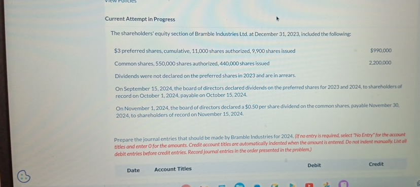 Current Attempt in Progress The shareholders' equity section of Bramble Industries Ltd.