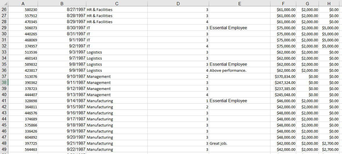 DATE OF HIRE 2 DEPARTMENT PERFORMANCE SCORE (1-4) MANAGER COMMENTARY SALARY BONUS