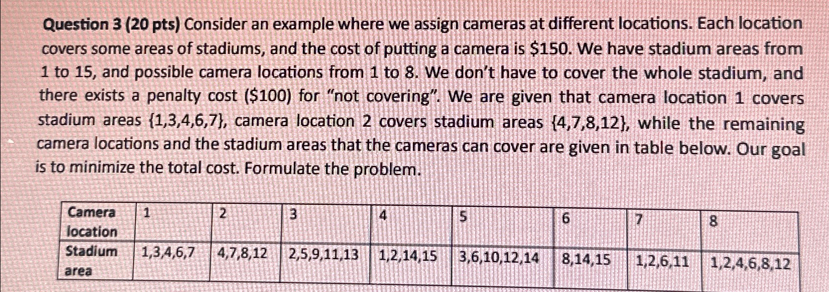 Question 3 (20 pts) Consider an example where we assign cameras at