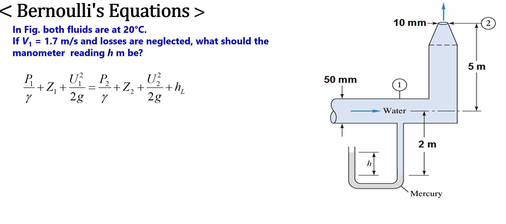 < Bernoulli's Equations > In Fig. both fluids are at 20C. If