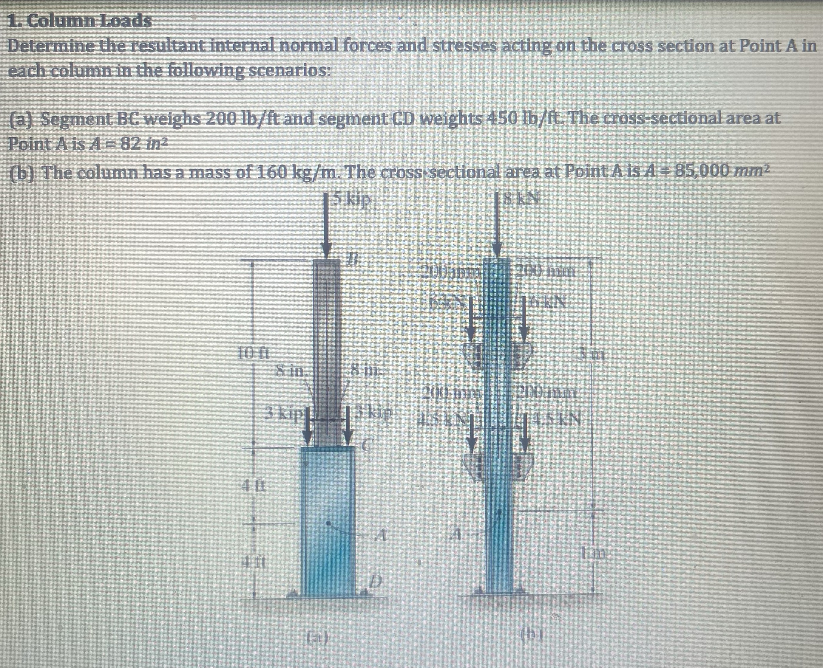 1. Column Loads Determine the resultant internal normal forces and stresses acting