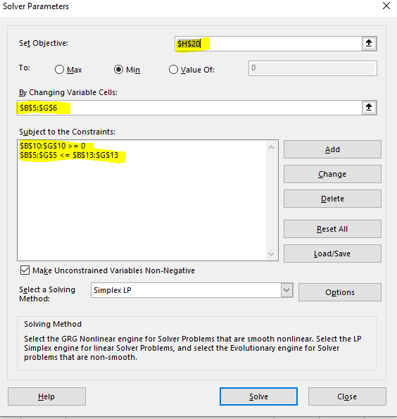 Solver Parameters Set Objective: To: Max By Changing Variable Cells: $B$5:SG$6 Subject