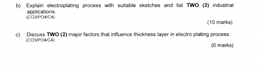 b) Explain electroplating process with suitable sketches and list TWO (2) industrial