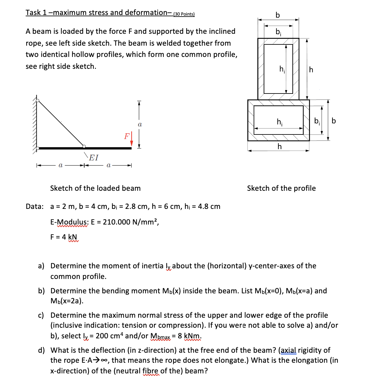 Task 1-maximum stress and deformation- (30 Points) A beam is loaded by