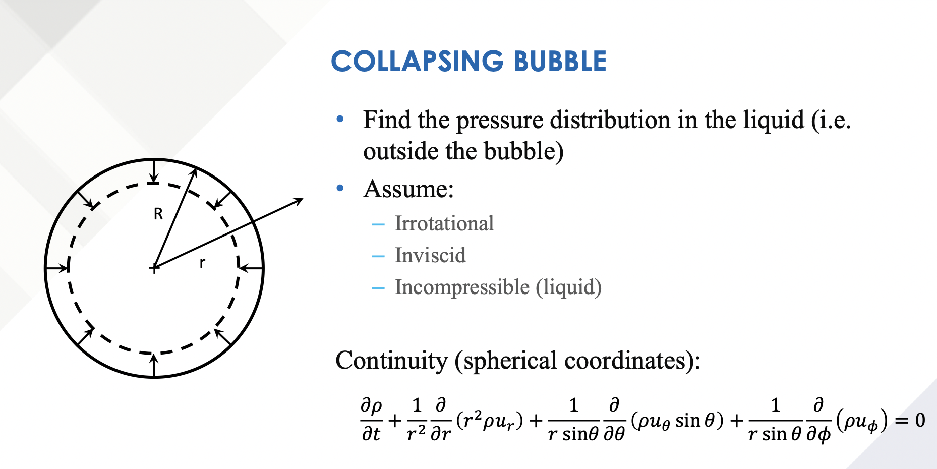 R COLLAPSING BUBBLE . . Find the pressure distribution in the liquid