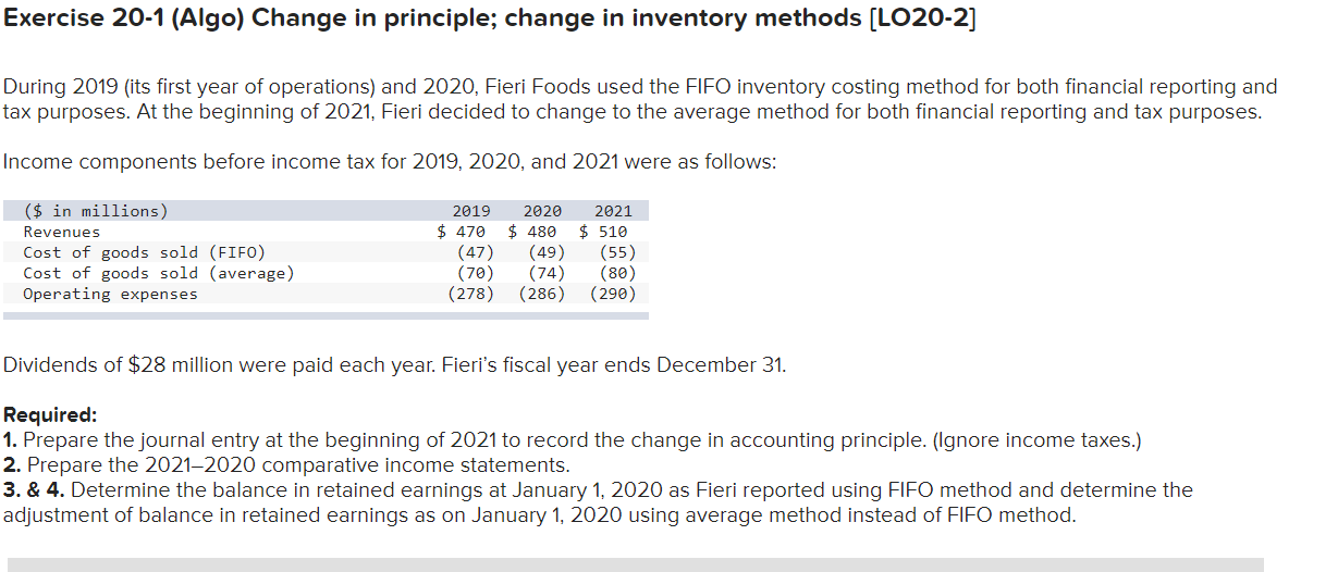 Exercise 20-1 (Algo) Change in principle; change in inventory methods [LO20-2] During