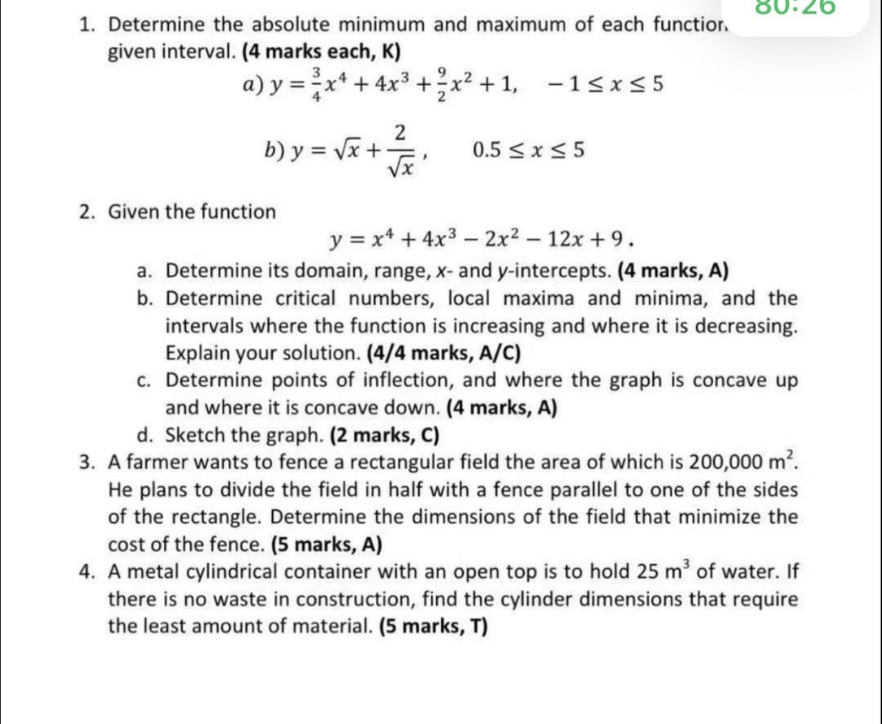 1. Determine the absolute minimum and maximum of each function. given interval.
