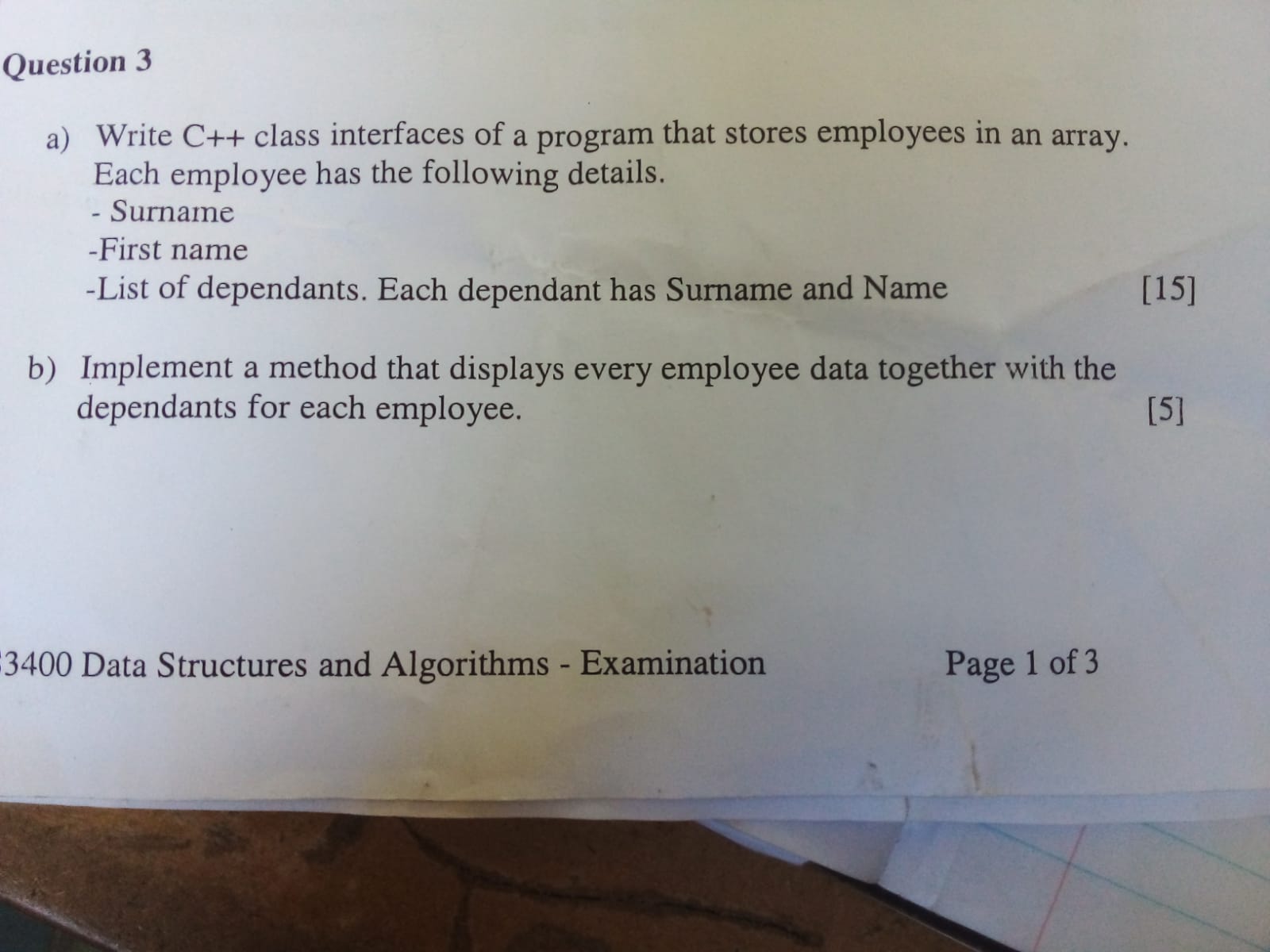 Question 3 a) Write C++ class interfaces of a program that stores