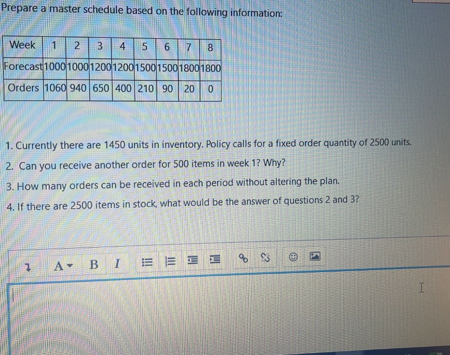 Prepare a master schedule based on the following information: Week 1 2