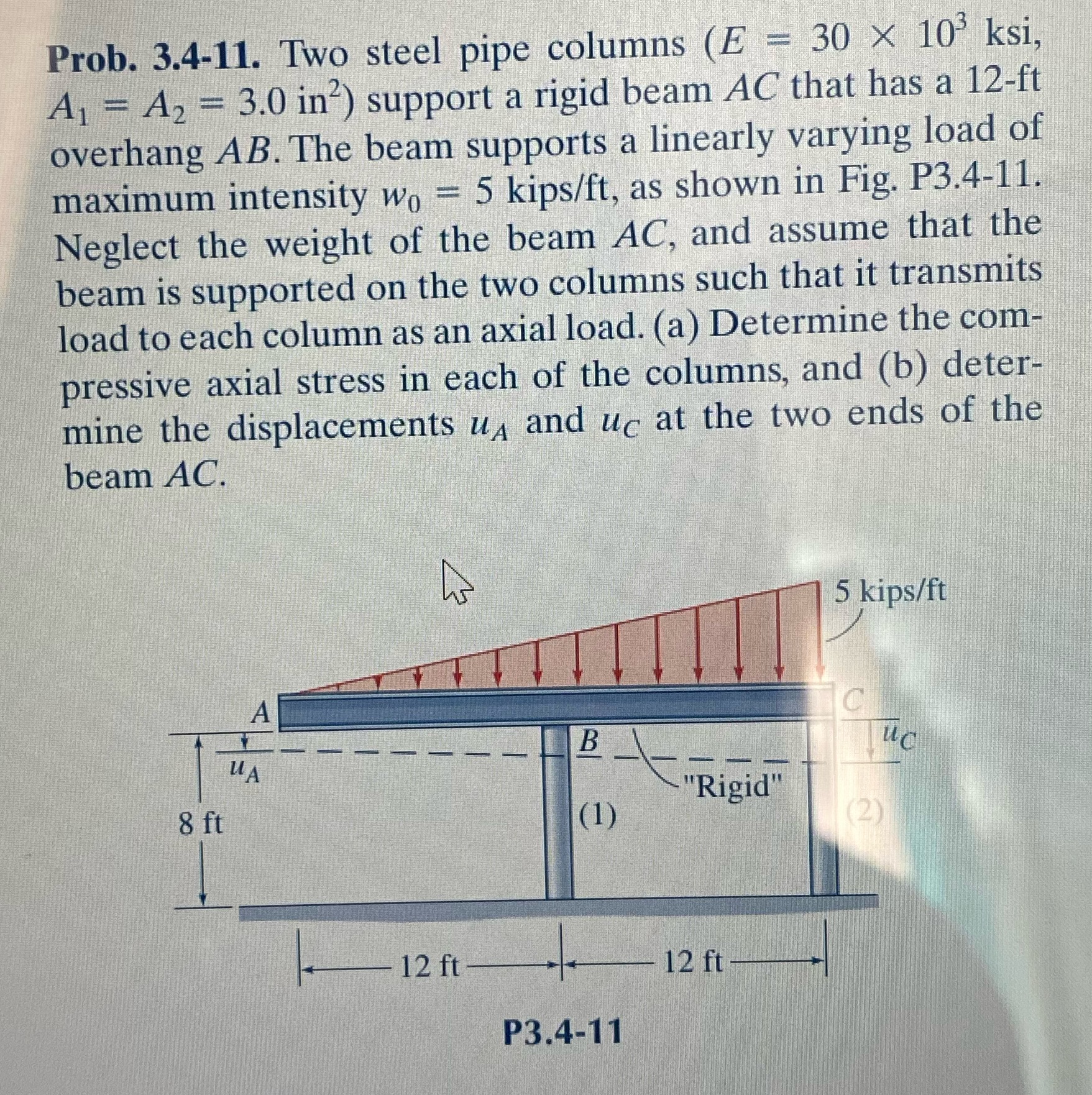 Prob. 3.4-11. Two steel pipe columns (E = 30 10 ksi, A