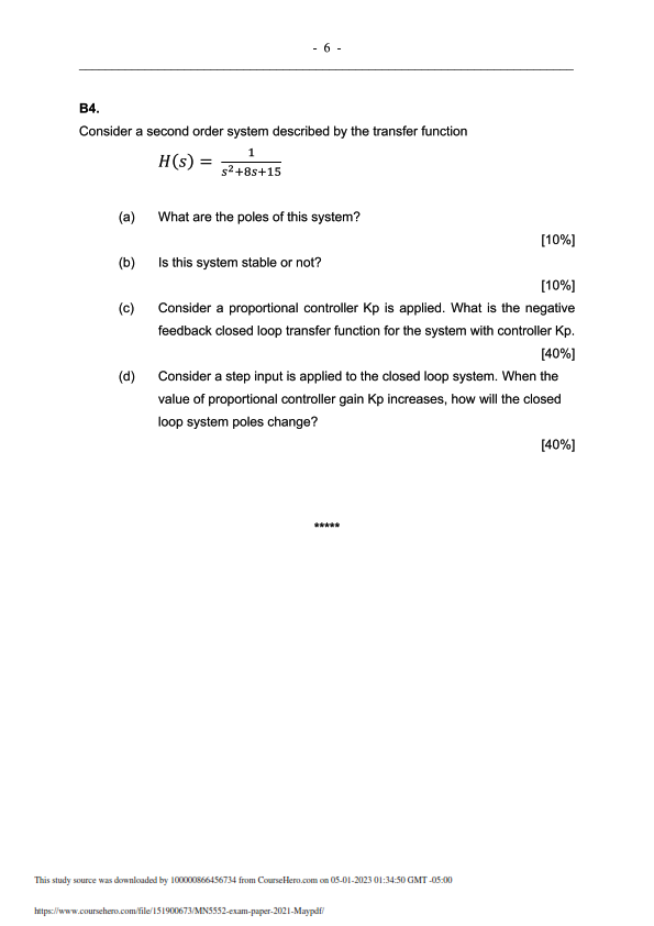 6 B4. Consider a second order system described by the transfer function