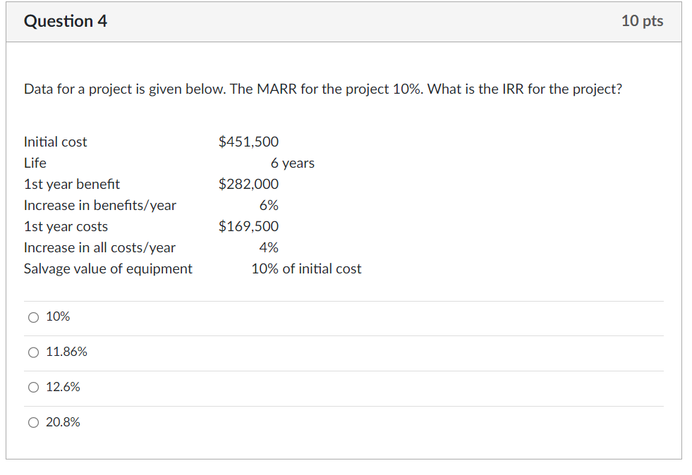 Question 4 Data for a project is given below. The MARR for