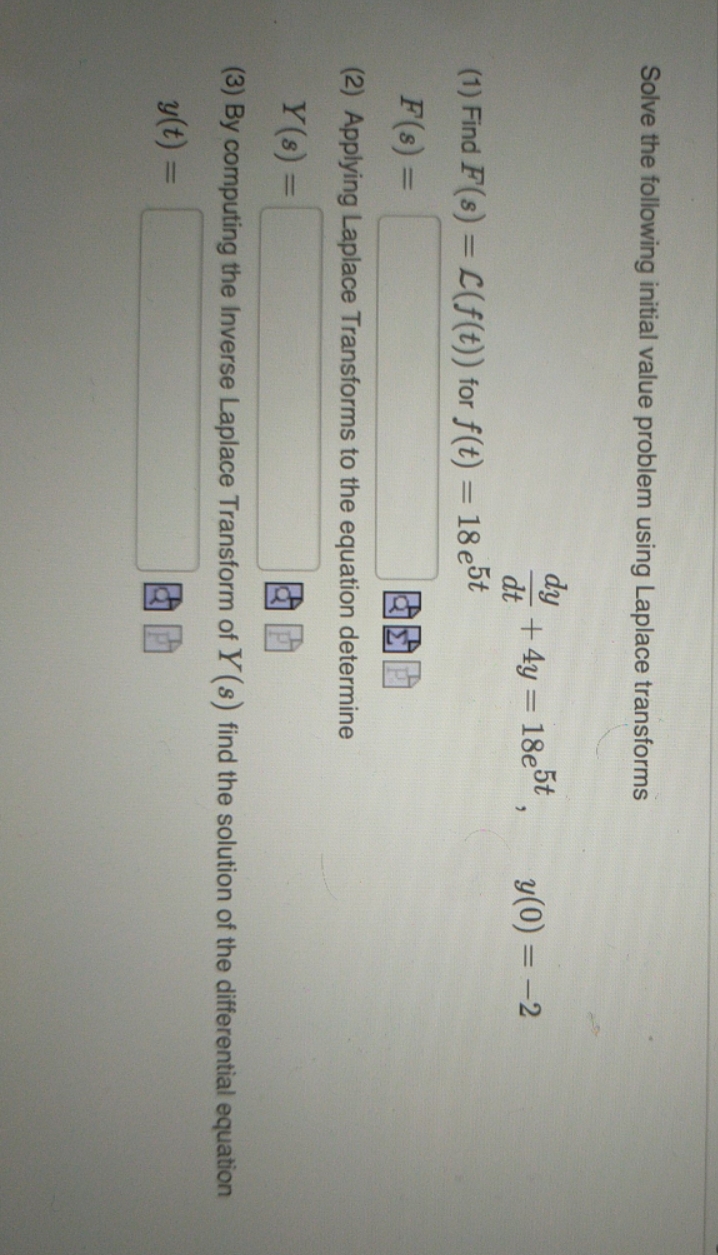 Solve the following initial value problem using Laplace transforms + 4y =