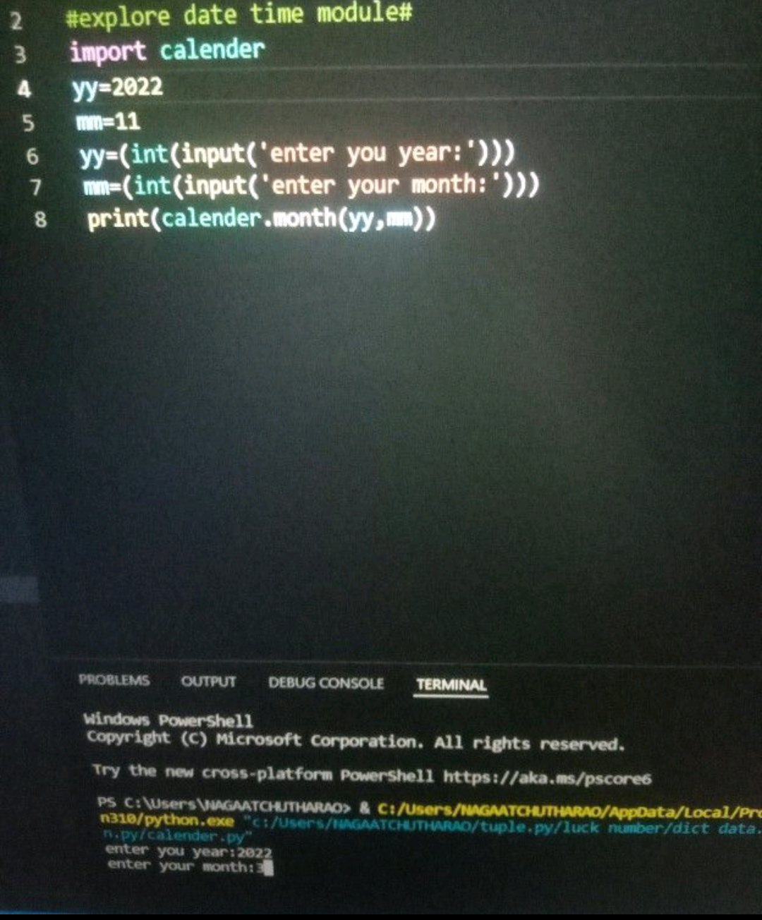 2 #explore date time module# 3 import calender 4 yy=2022 5 mm-11