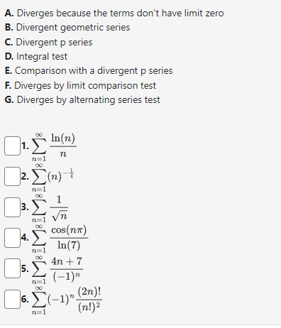 A. Diverges because the terms don't have limit zero B. Divergent geometric