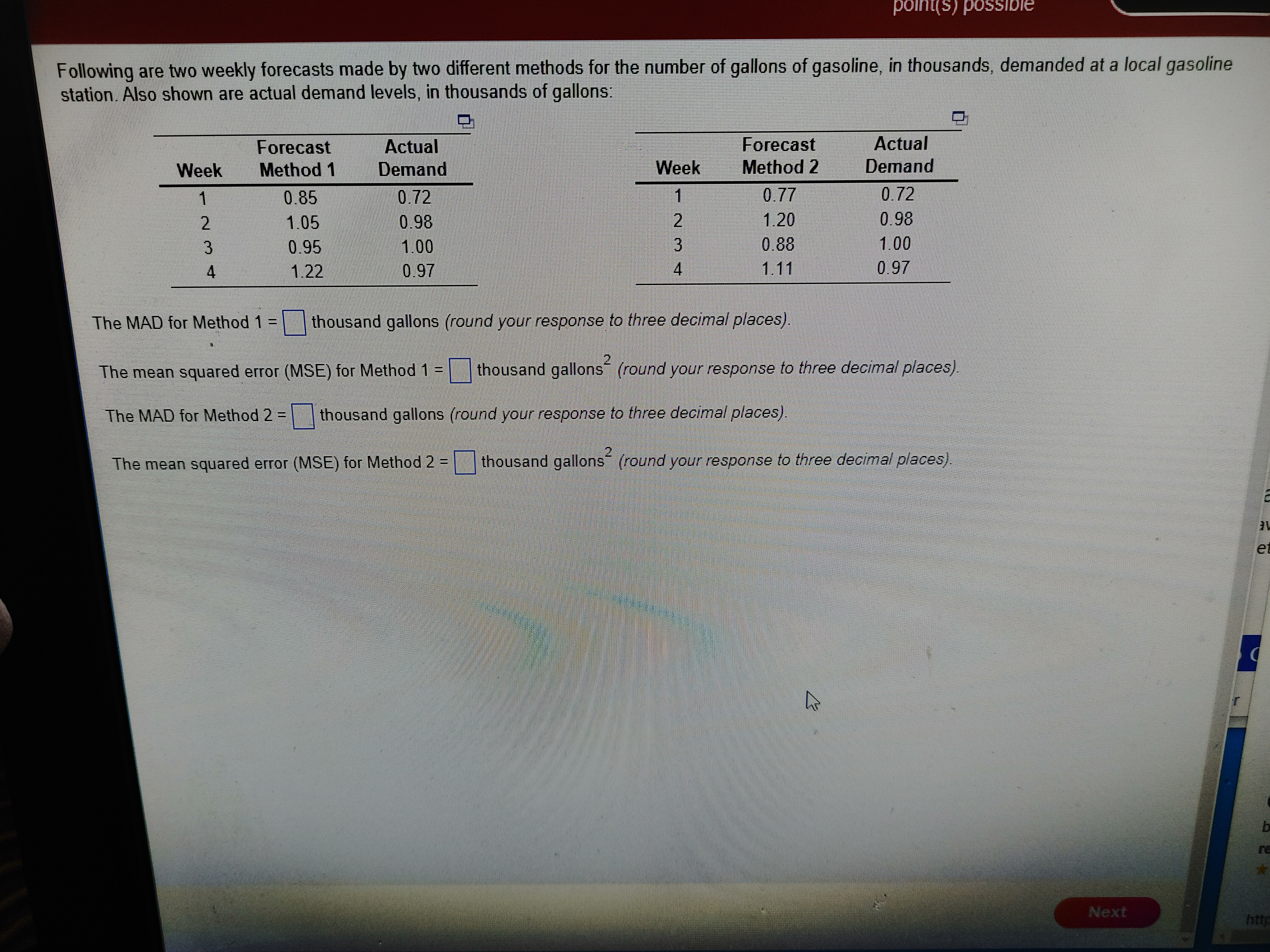point(s) possible Following are two weekly forecasts made by two different methods