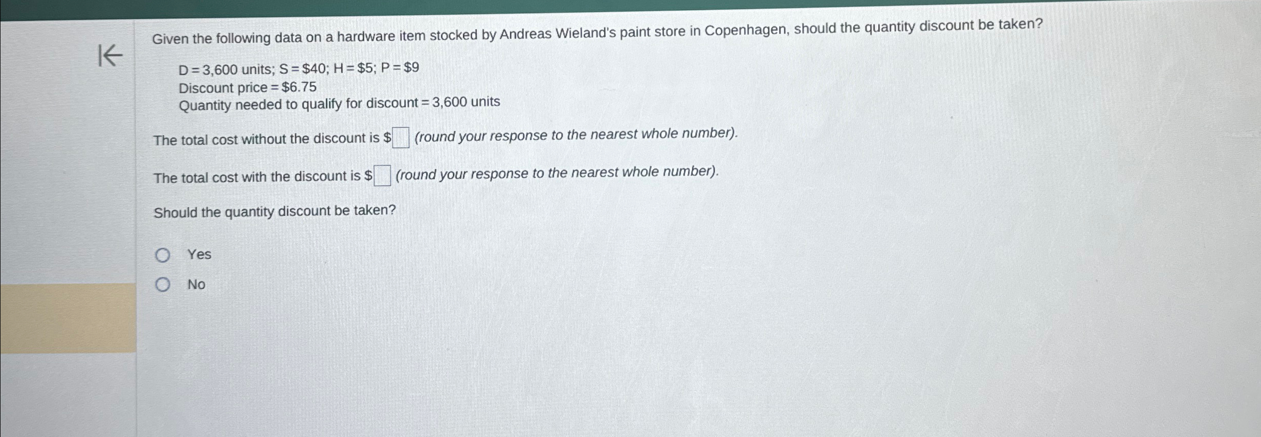 K Given the following data on a hardware item stocked by Andreas