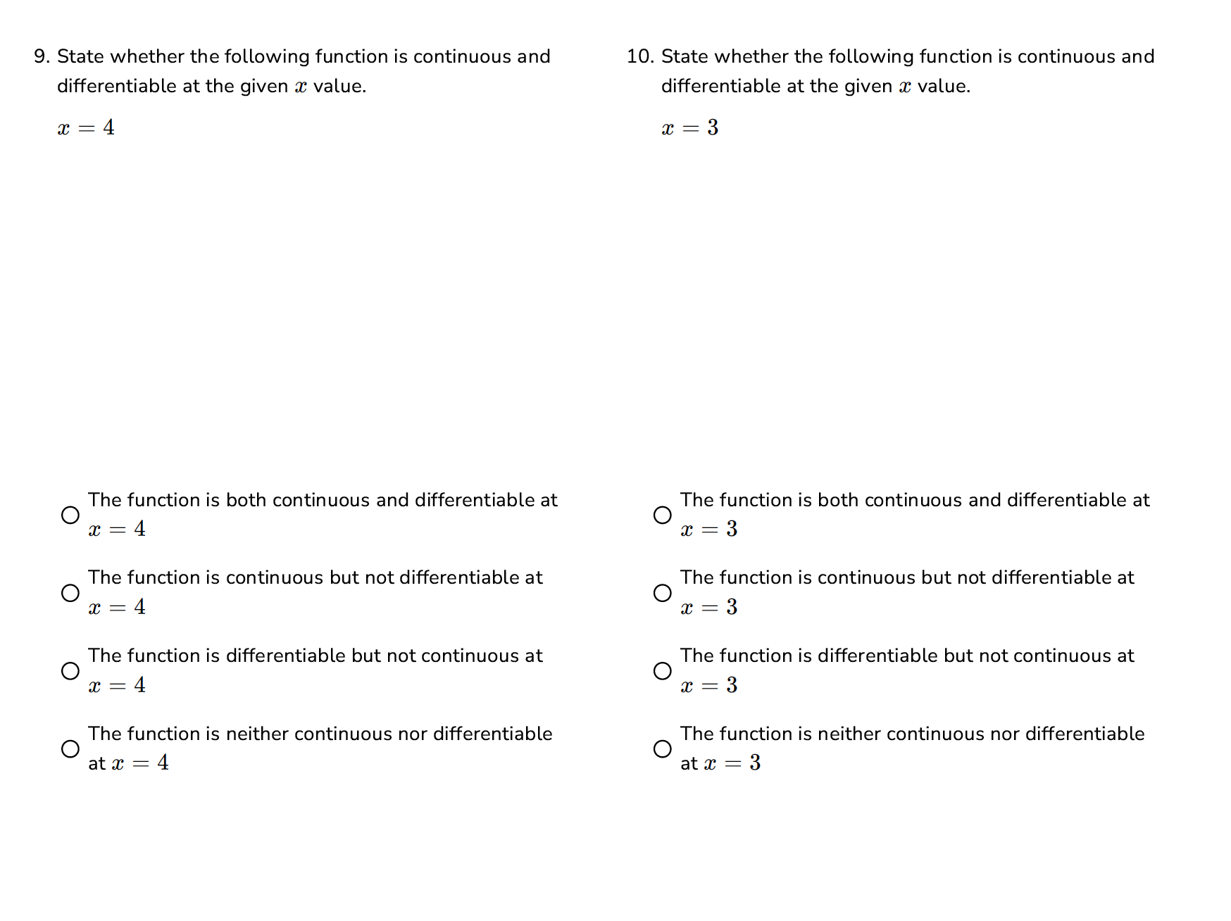 9. State whether the following function is continuous and differentiable at the