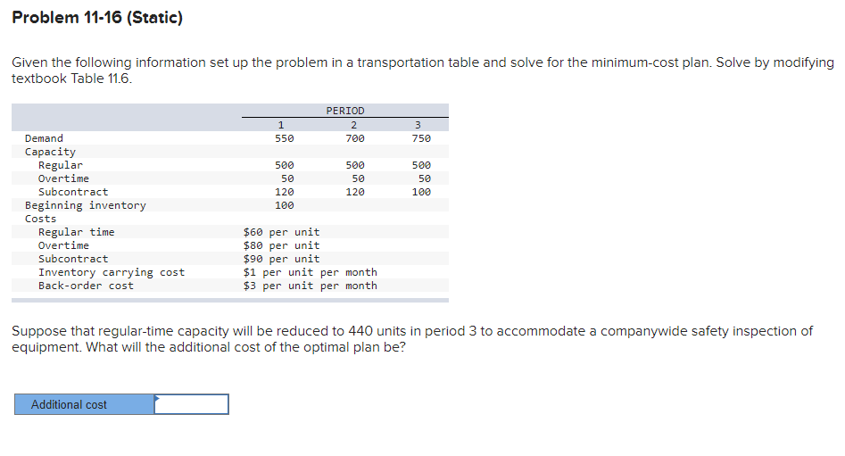 Problem 11-16 (Static) Given the following information set up the problem in