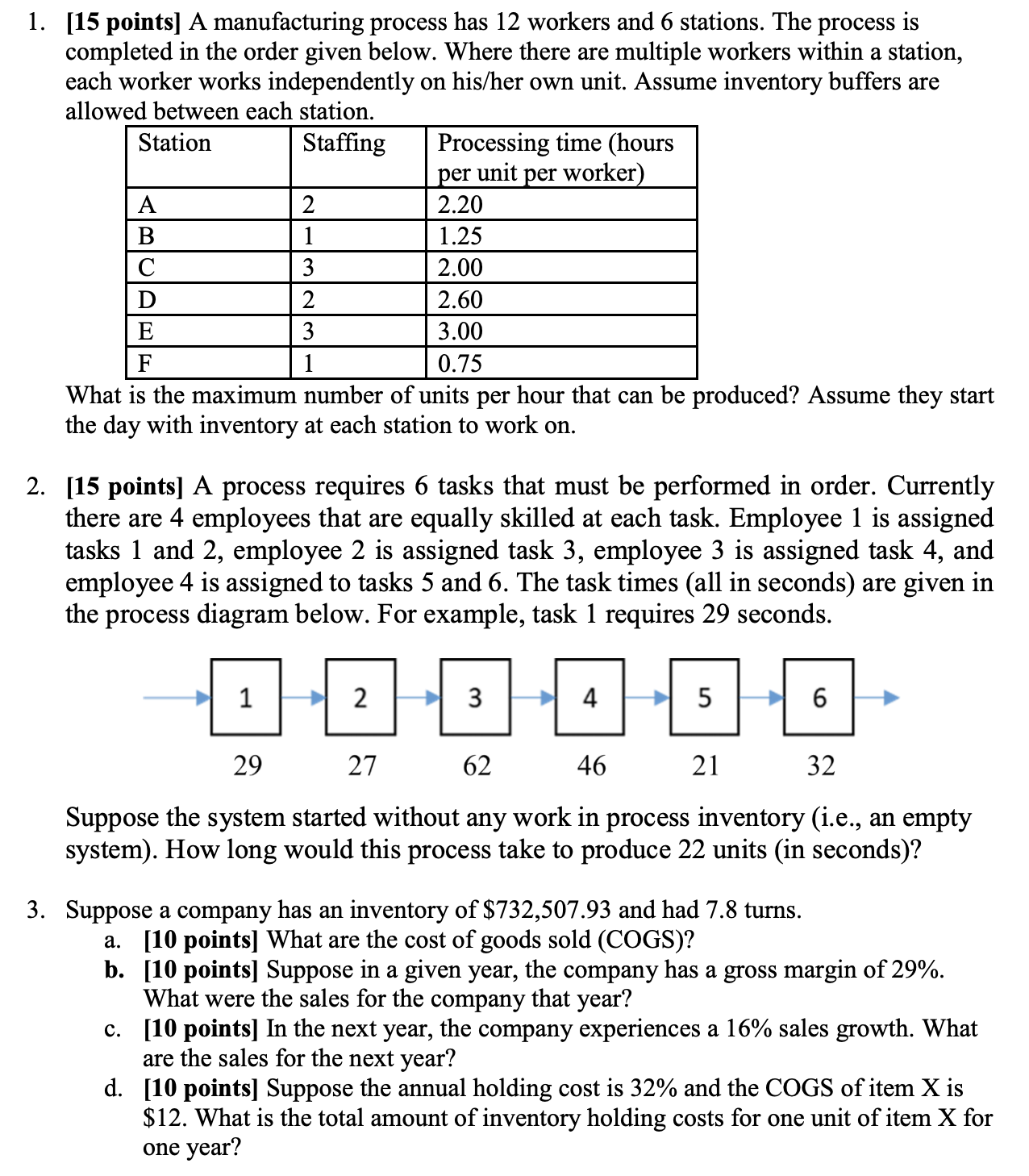 1. [15 points] A manufacturing process has 12 workers and 6 stations.
