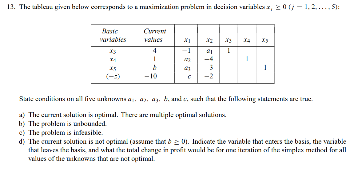 13. The tableau given below corresponds to a maximization problem in decision