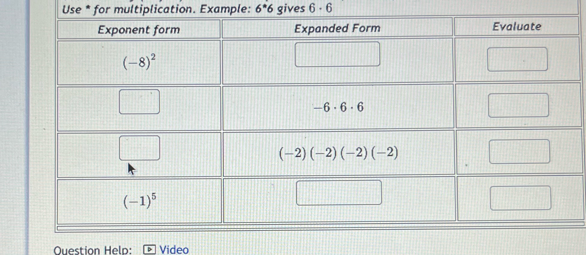Expanded Form Evaluate * Use for multiplication. Example: 6*6 gives 6-6 Exponent