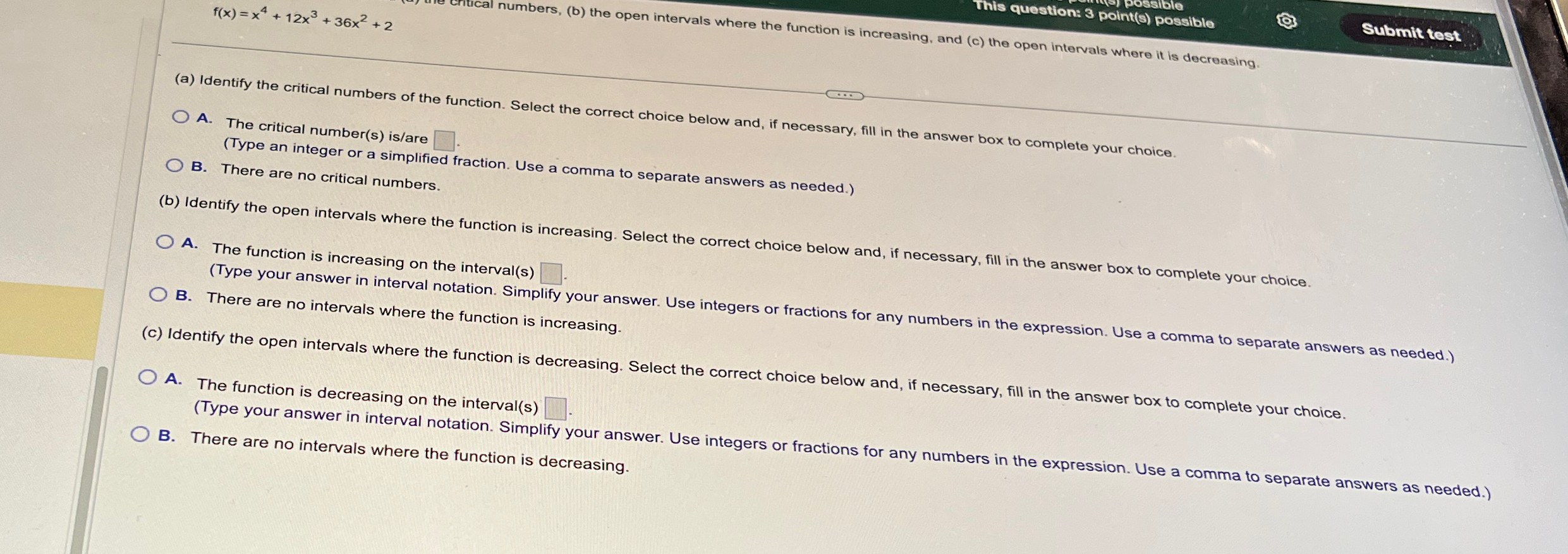 possible This question: 3 point(s) possible Submit test numbers, (b) the open