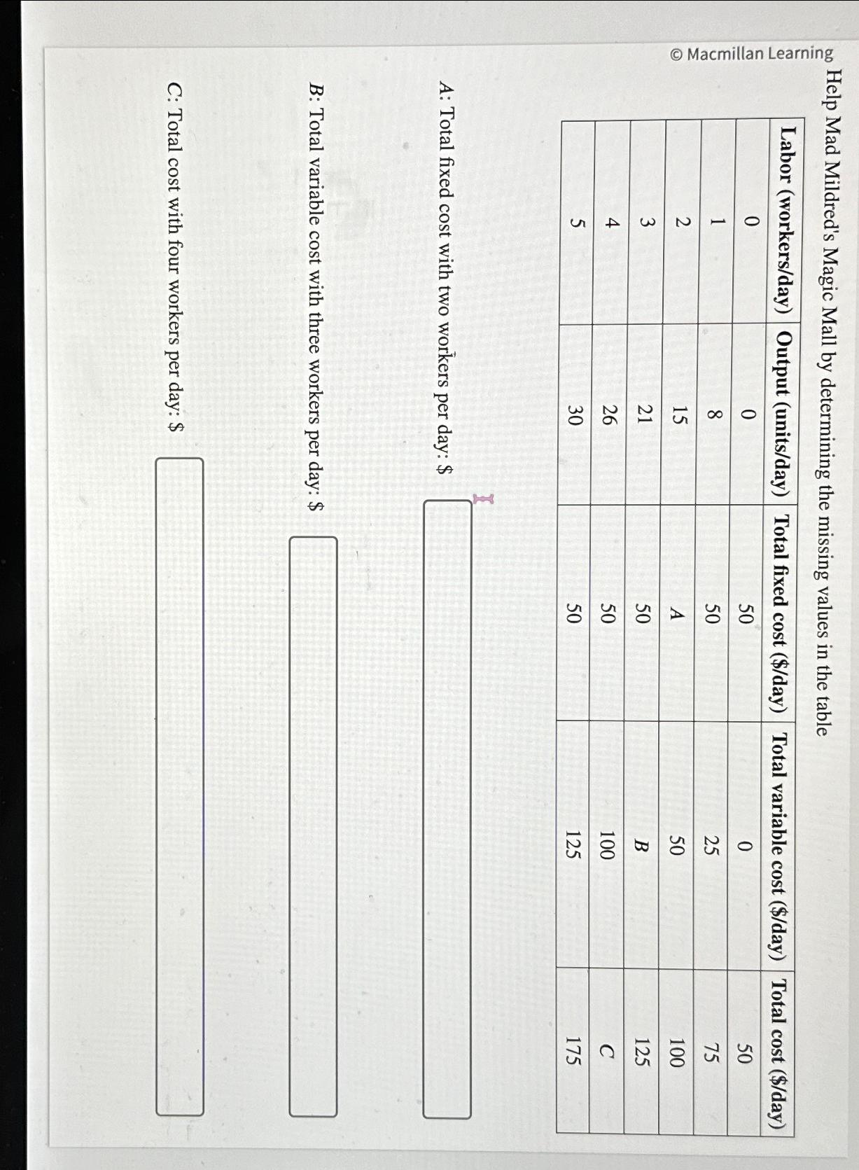 Macmillan Learning Help Mad Mildred's Magic Mall by determining the missing values