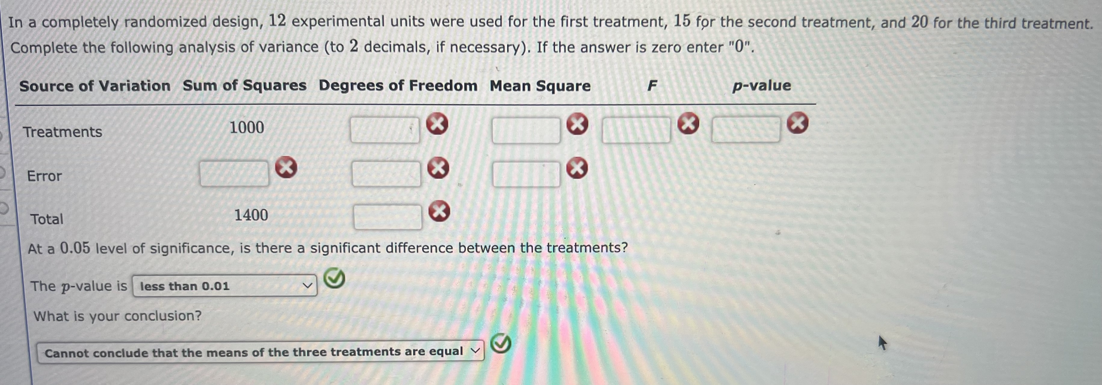 In a completely randomized design, 12 experimental units were used for the