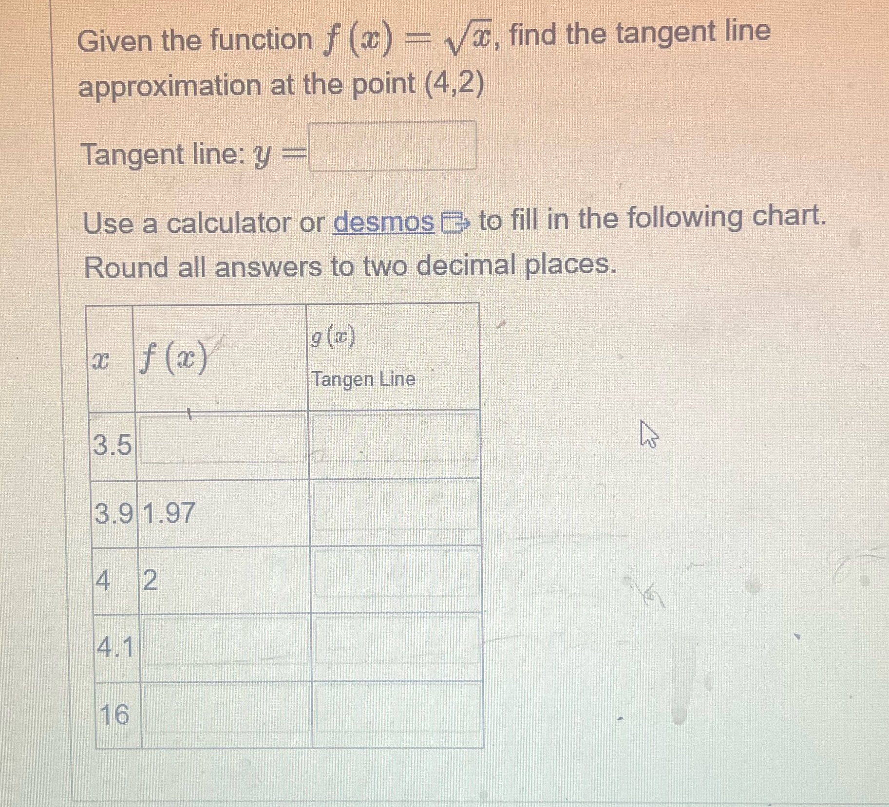 Given the function f (x)=x, find the tangent line approximation at the