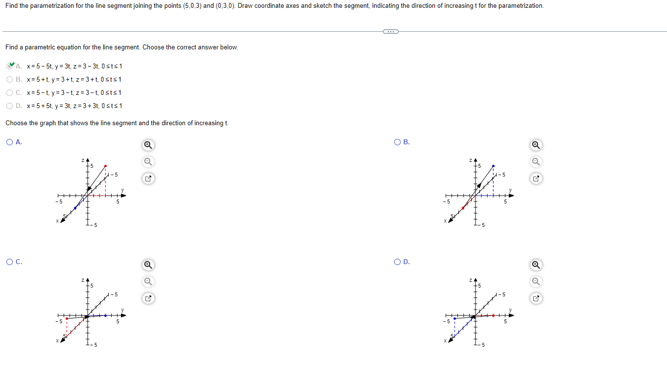 Find the parametrization for the line segment joining the points (5,0,3) and