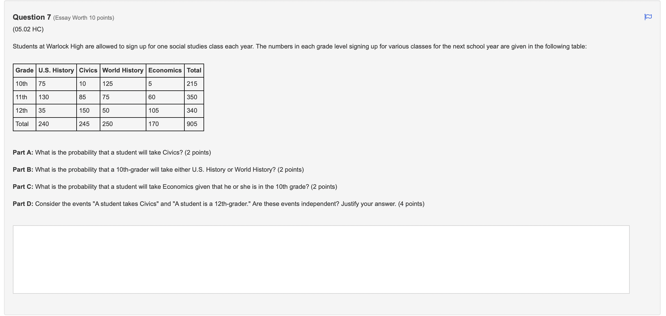 Question 7 (Essay Worth 10 points) (05.02 HC) Students at Warlock High