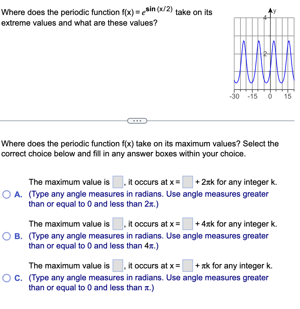 Where does the periodic function f(x) = esin (x/2) take on its