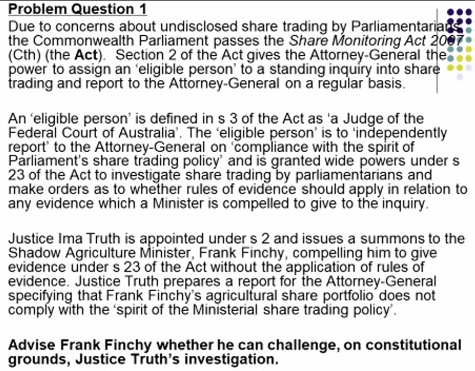 Problem Question 1 Due to concerns about undisclosed share trading by Parliamentariars