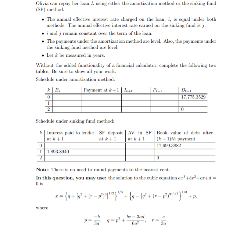 Olivia can repay her loan L using either the amortization method or