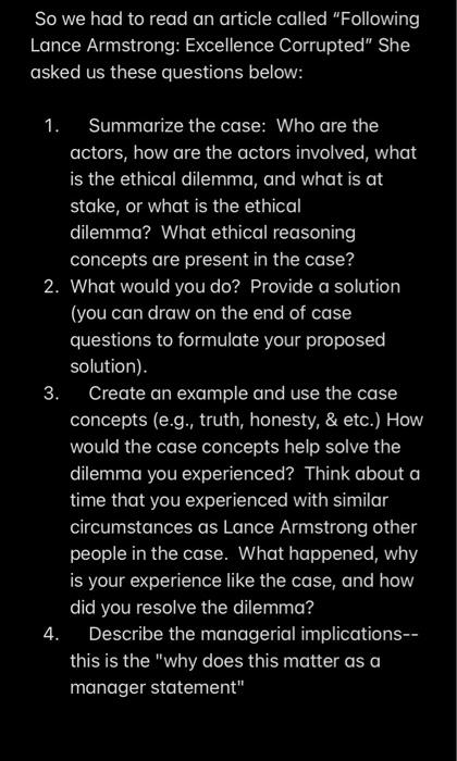 So we had to read an article called "Following Lance Armstrong: Excellence