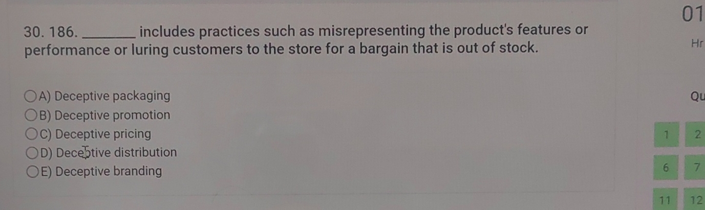 30. 186. includes practices such as misrepresenting the product's features or performance